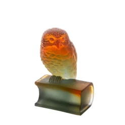 Vessière Cristaux Animaux Cristal|Bestiaire|Chouette ambre grise sur livre daum