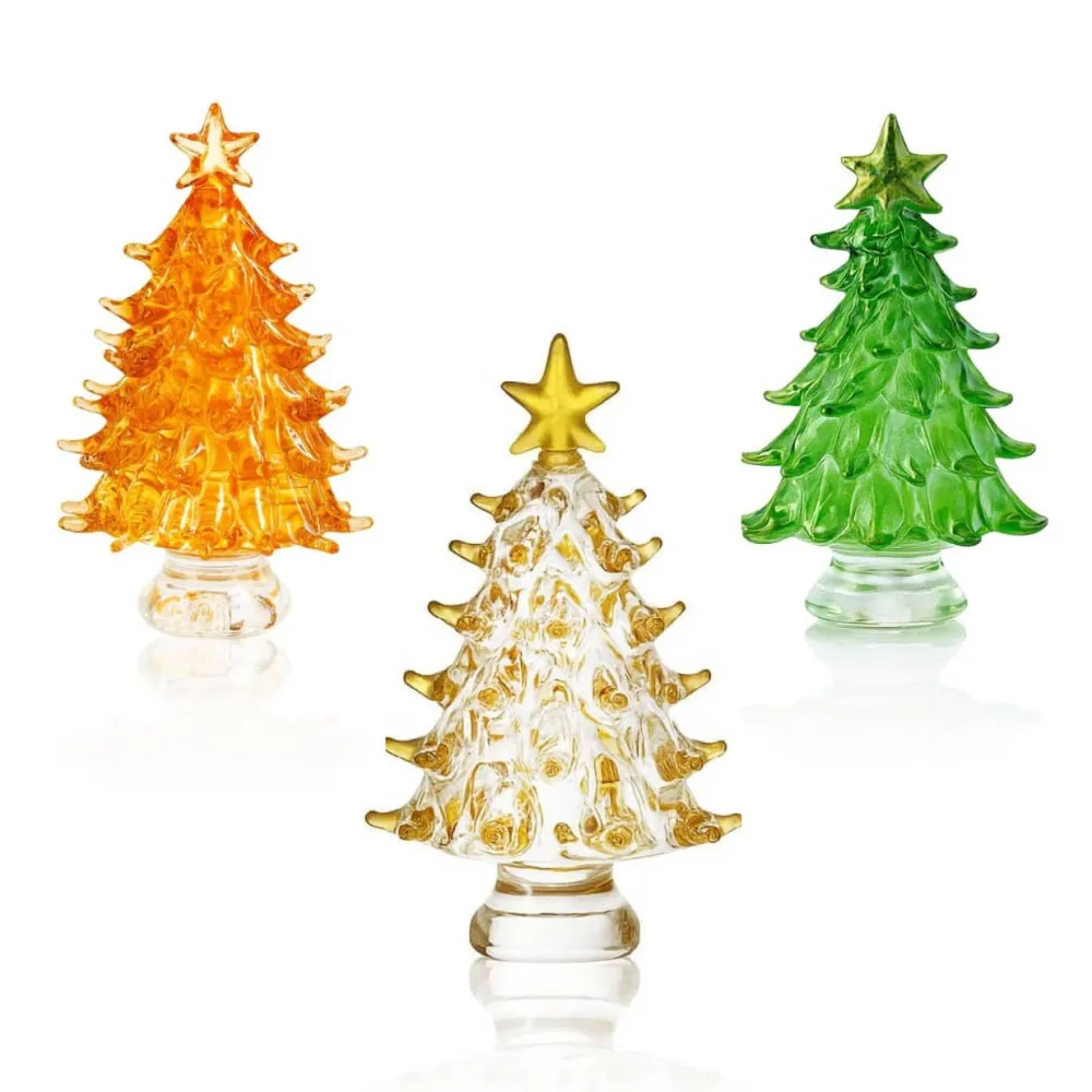 Vessière Cristaux Décoration|Figurines Miniature Cristal|Coffret Sapins miniature verre au chalumeau X3