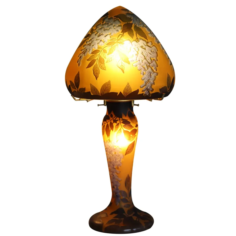 Vessière Cristaux Lampes Pâte De Verre|Lampes Cristal|Grande lampe pâte de verre Tip Gallé décor glycine