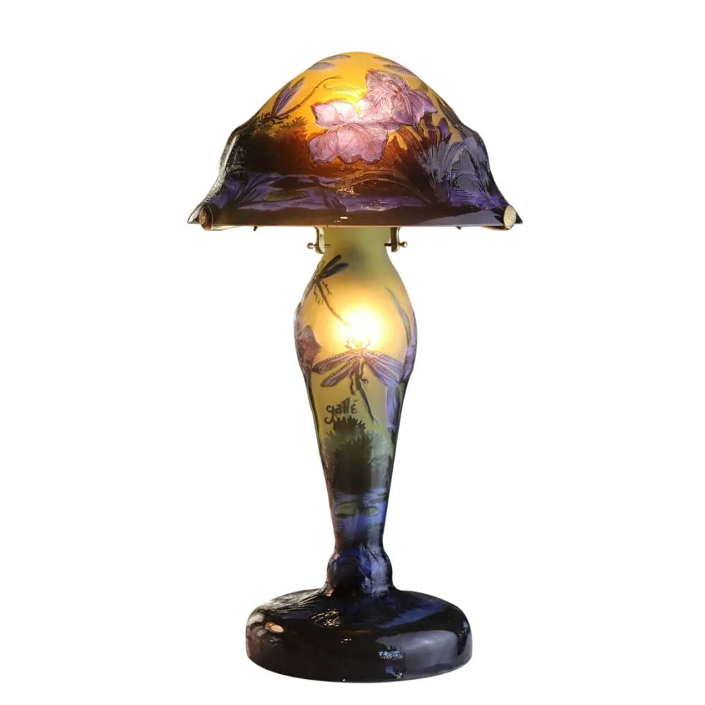 Vessière Cristaux Luminaires|Lampes Pâte De Verre|Lampe pâte de verre Tip Gallé décor libellule