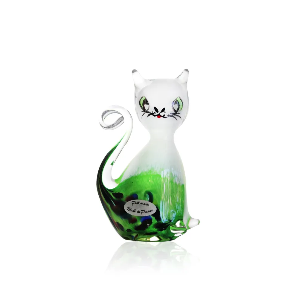 Vessière Cristaux Bestiaire|Animaux Cristal|Sculpture Chat debout cristal vert