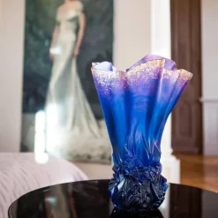 Vessière Cristaux Vases|Vases Cristal Couleur|Vase grand modèle drapé bleu nuit doré a la feuille d’or croisière daum