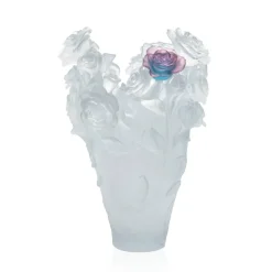 Vessière Cristaux Vases|Vases Cristal Clair|Vase magnum rose passion blanc fleur verte & rose daum