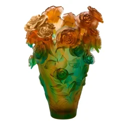 Vessière Cristaux Vases|Vases Cristal Couleur|Vase magnum rose passion vert orange bouquet or daum